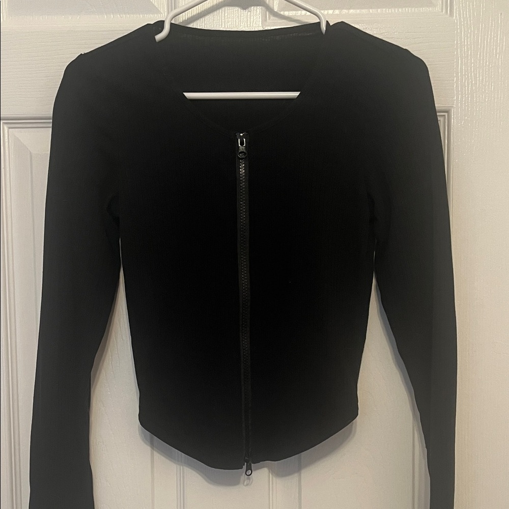 Black Ribbed Zip-Up Top - Picture 2 of 3